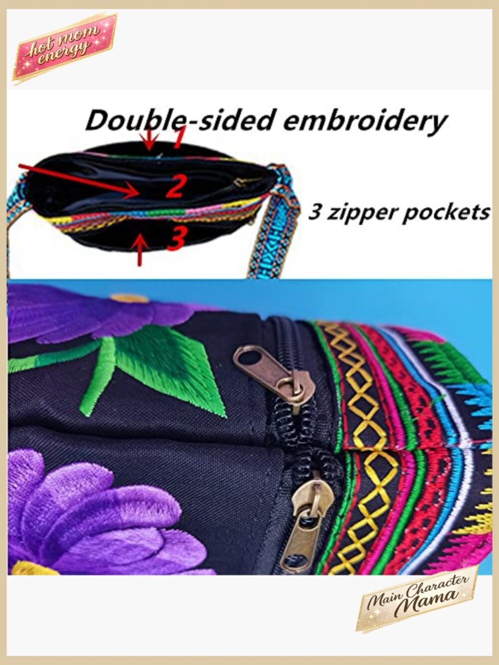 Vintage Embroidered Hobo Crossbody Bag Boho Hippie Travel Purse Zipper Pockets - Picture 6 of 7